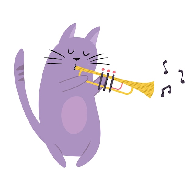 Funny cat playing trumpet Vector illustration