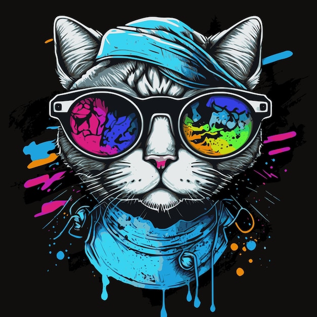 Funny cat with fancy, colorful sunglasses, graffiti artwork style.