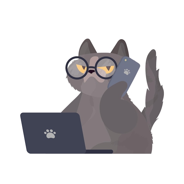 funny cat with glasses sits at a laptop and holds a smartphone. 
