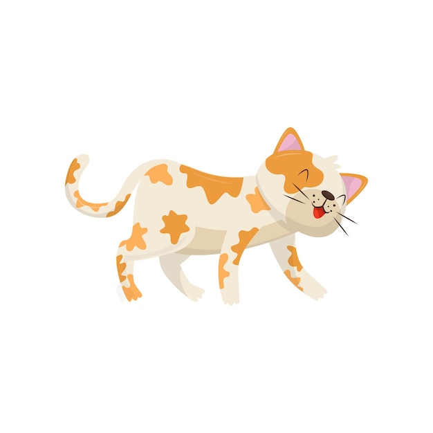 Funny cat with red spots Kitten walking and smiling Flat vector element for children book or poster or pet store