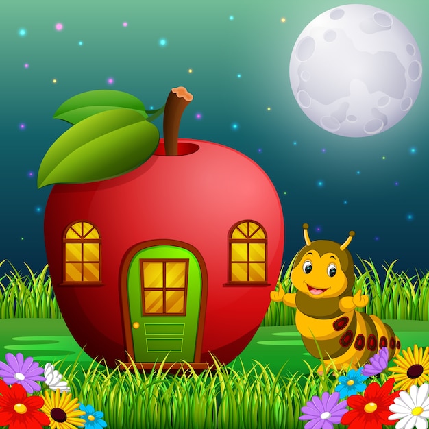 funny caterpillar and a apple house in forest