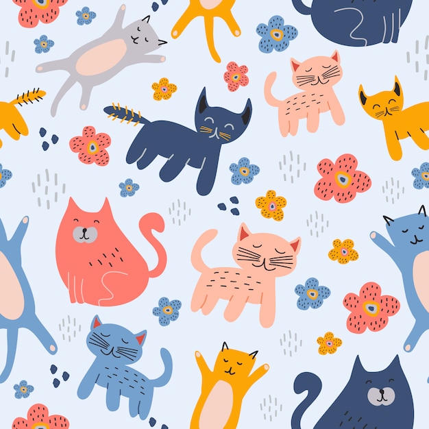 Funny cats cute animal seamless pattern hand drawn childish drawing background