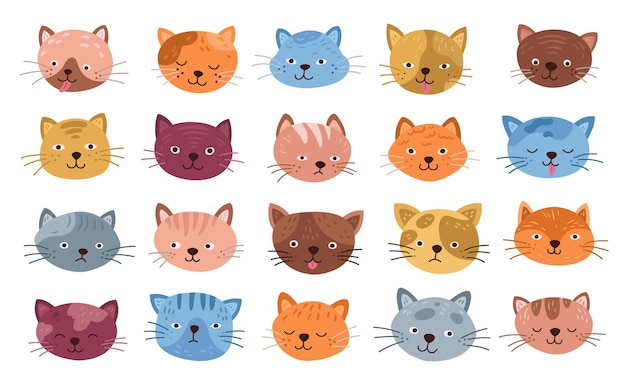 Funny cats faces Isolated cat head cute kitten cartoon smiles Flat little pets expressive emoji happy emotions of animals exact vector set