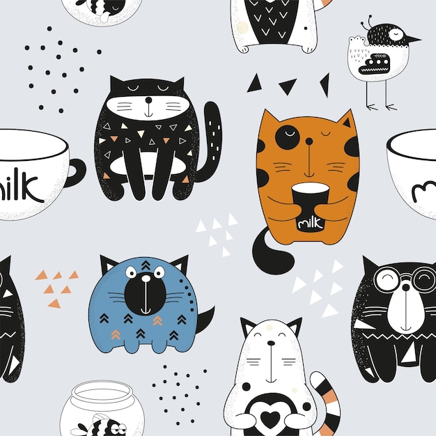 Funny Cats seamless pattern with cute retro cats.
