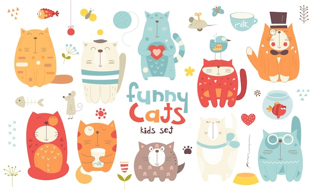 Funny cats set. Hand drawn. 
