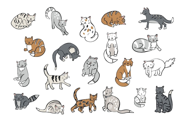 Funny cats vector line illustrations set