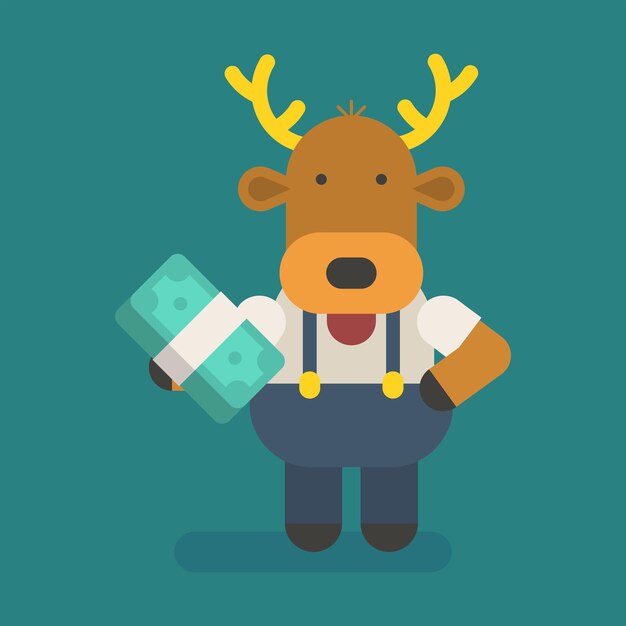 Funny character deer holding wad money. Vector character. Vector Illustration