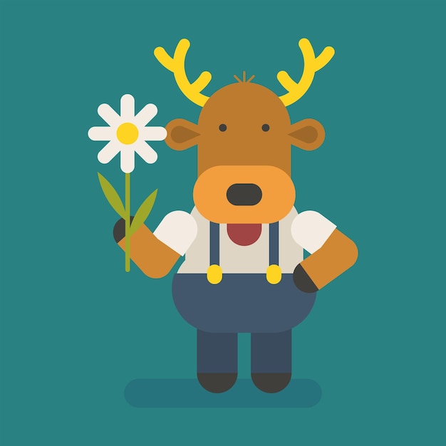 Funny character deer holding white flower. Vector character. Vector Illustration