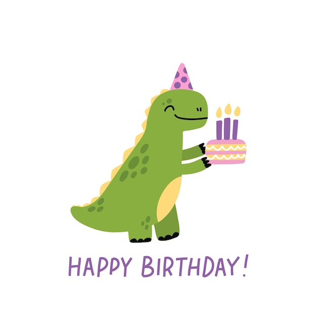 Funny character dinosaur or Tyrannosaurus with birthday cake The inscription Happy Birthday