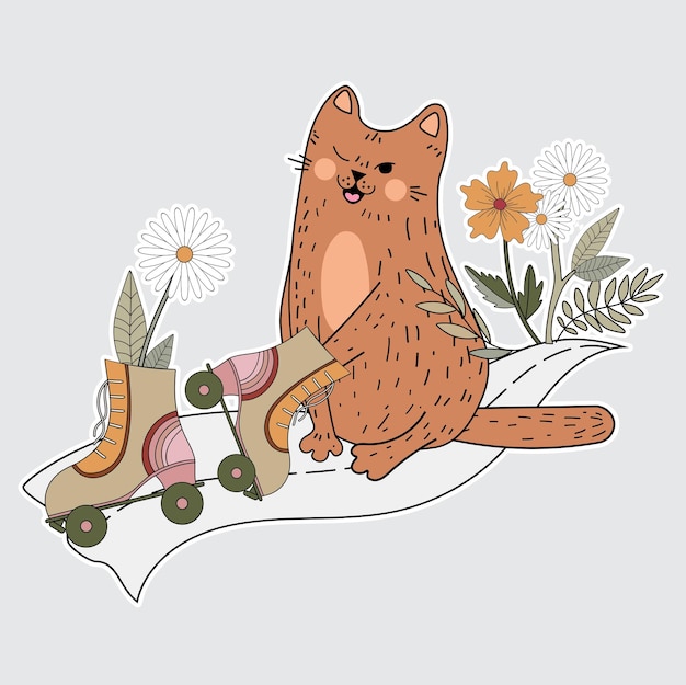 Funny and cheerful cat. Cat 70s, 60s. Postcard, sticker, clipart with a kitten. Flat illustration, v