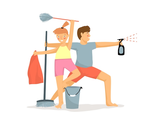 Funny children cleaning house like warriors. Kids housework motivation. Young boy and girl with duster, broom, bucket and spray humorous cartoon. flat illustration