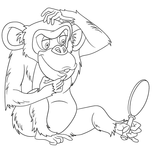 Funny chimpanzee with hand glass. Cartoon coloring book page for kids.