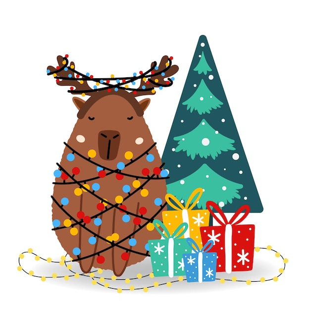 Funny Christmas Capybara gift box Christmas tree in flat style Christmas and New Year for designs