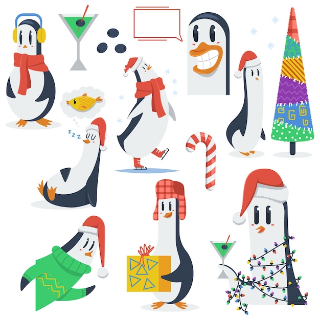 Funny Christmas penguin vector cartoon characters set isolated on a white 