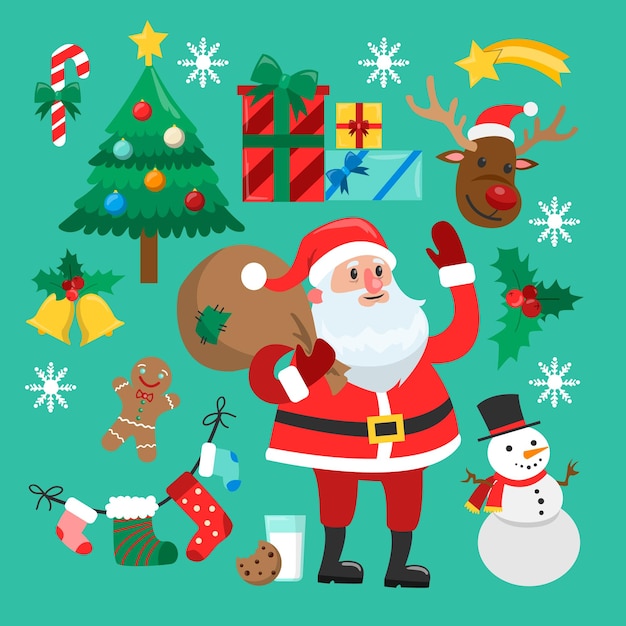 Funny Christmas stickers Santa with bag of gifts snowman and xmas tree raindeer and gingerbread