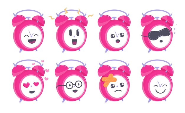 Funny clock. Funny round alarm clock mascot character showing different emotion icon set illustration.