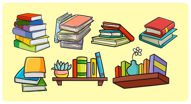 Funny colorful books collection in simple doodle style