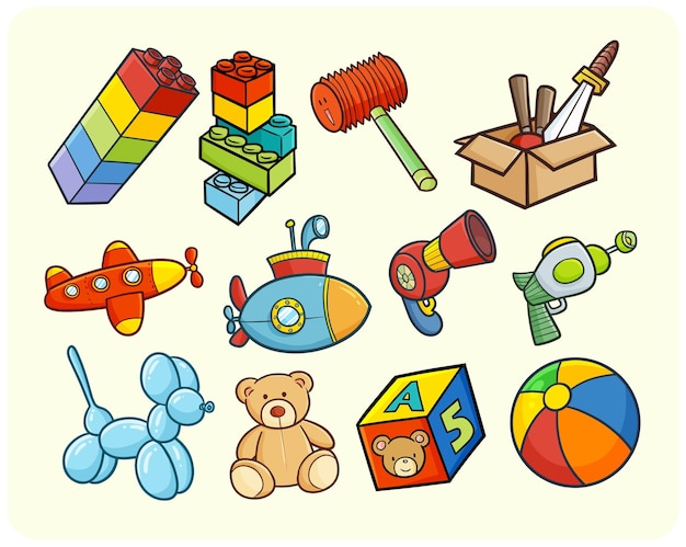 Funny and colorful children toys in simple doodle style