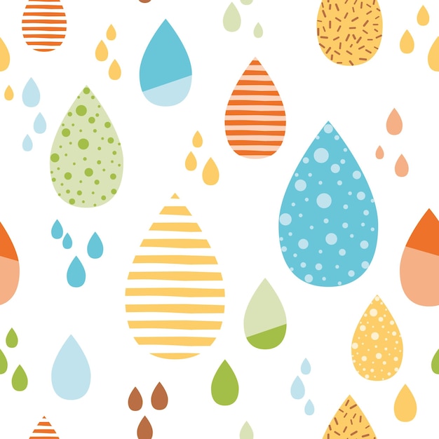 Funny colorful drops of rain Vector autumn seamless pattern Kids fall background Hand drawn printable design