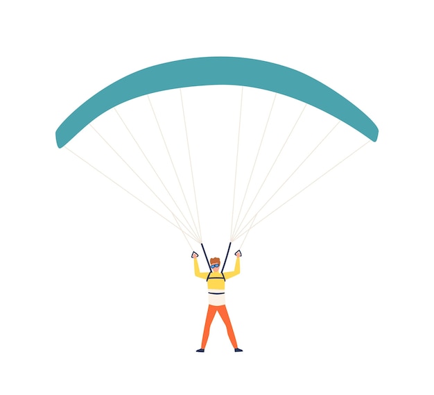 Funny colorful man enjoying parachuting sport vector flat illustration. Cartoon skydiver guy flying with parachute isolated on white background. Male parachutist during outdoors activity.