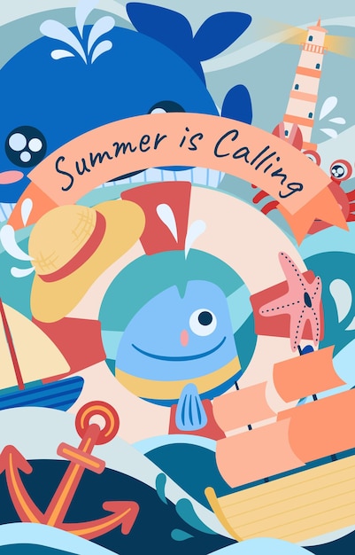 Funny and Colorful Summer Poster With Fish Whale and Others in The Ocean