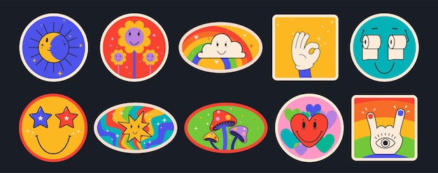 Funny comic sticker characters Set of cartoon stickers hand up smile colorful mushrooms moon rainbow with clouds toilet paper heart