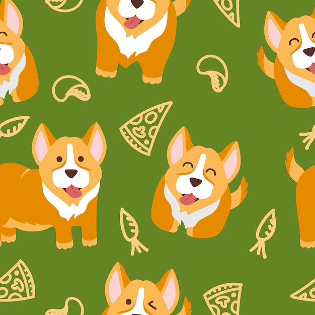 Funny corgi pattern on a green background vector illustration in a flat style For use on printing