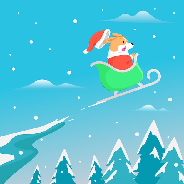 FUNNY CORGI WEARING SANTA COSTUME FLYING WITH SLED