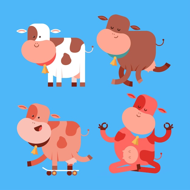 Funny cow characters vector cartoon set isolated on a white background