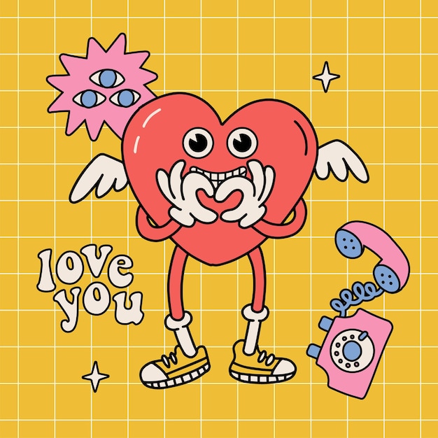 Funny crazy retrocartoon character greeting card or banner groovy heart character with retro telepho