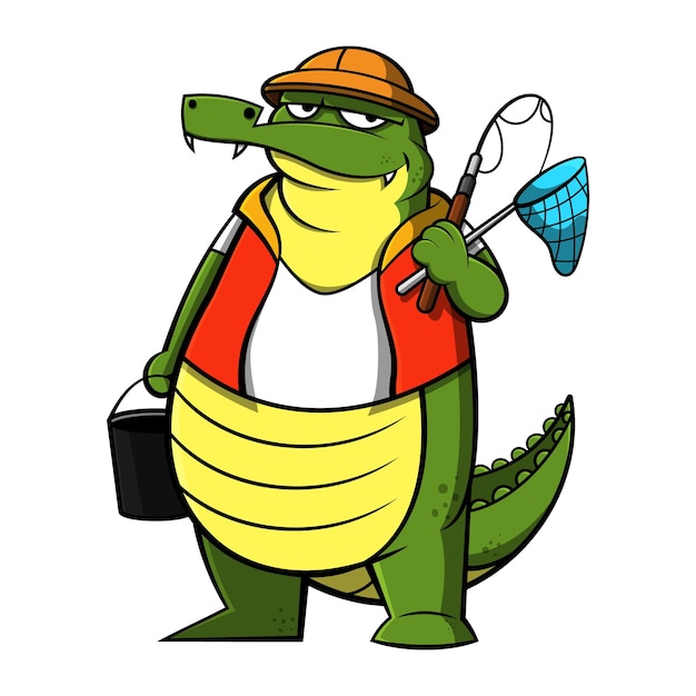 Funny Crocodile cartoon character wearing the Fisherman uniform and carry a bucket rod and net