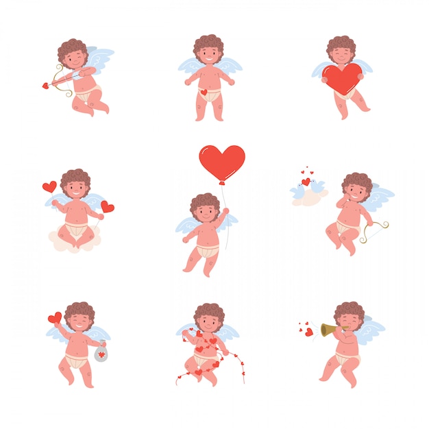 Vector funny cupid angel characters in different poses for valentines day