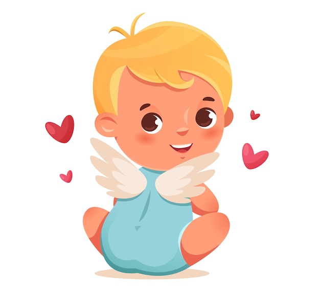 Funny cupid, little angels or amur. Cute Cupid sits in a half-turn. Romantic flat character.