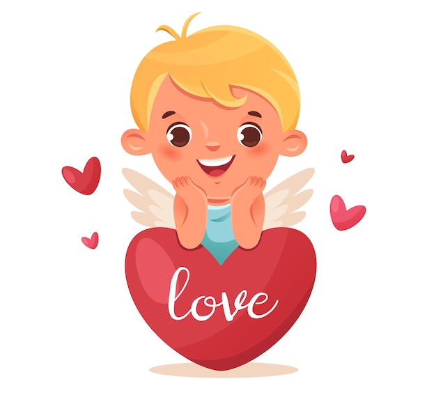 Funny cupid, little angels or amur. Cute cupid with a big valentine heart. Romantic flat character.