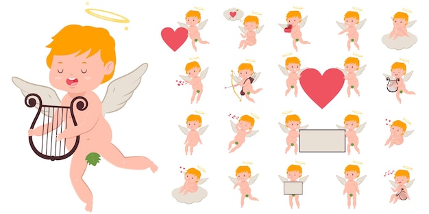 Vector funny cupids cartoon  set. valentine's day cute amur flat character with angel wings and halo isolated on a white background.