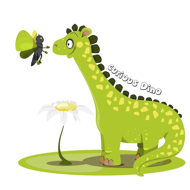 Funny curious dinosaur with a butterfly and a flower on a white background Children's illustration