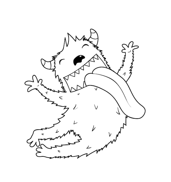 Funny cute alien monster with horns jumping, adorable monochrome character for kids activity coloring book. Imaginary creature with tongue sticking out. Black and white outline coloring page.