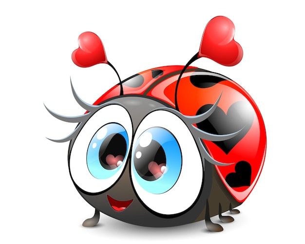 Funny cute cartoon smiling Ladybug girl with blue eyes and hearts spots.