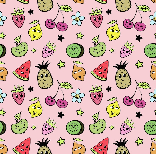 Funny cute fruit seamless pattern flat design