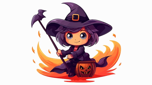 Vector funny cute halloween witch on broomstick flat vector illustration