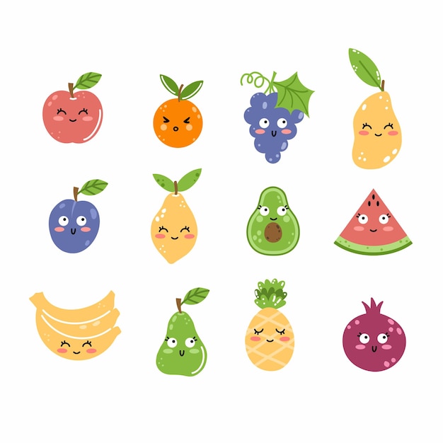 Funny cute happy fruits with smile on their face Vector set of doodle style elements Illustration on white background