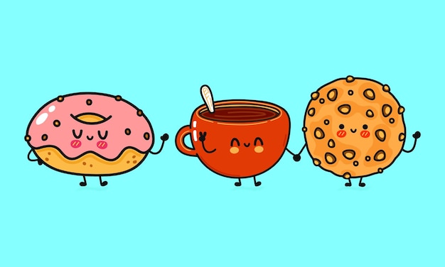 Funny cute happy oatmeal cookies cup of coffee and donut characters bundle set