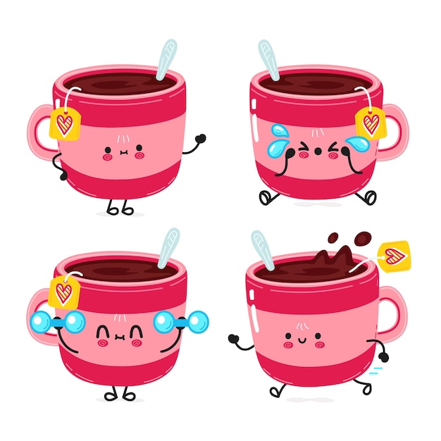 Funny cute happy pink cup of tea characters bundle set