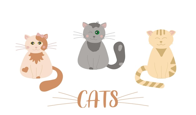 Funny cute little cartoon kittens. grey, ginger, peach with a bow. Smiling, winking, eyes closed.