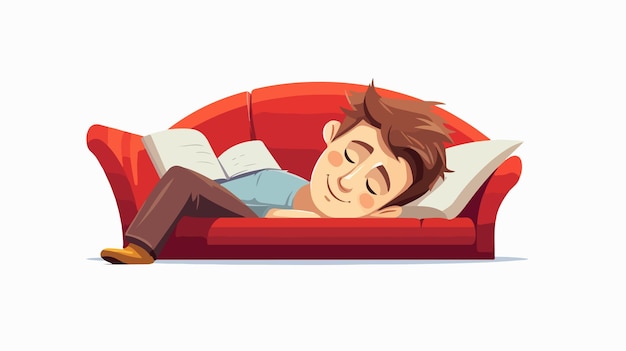 Vector funny and cute man sleeping on sofa with book