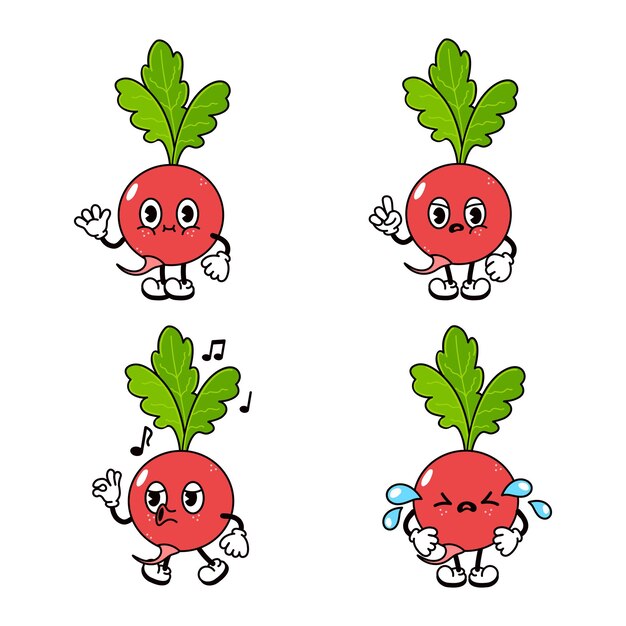 Vector funny cute radish characters bundle set