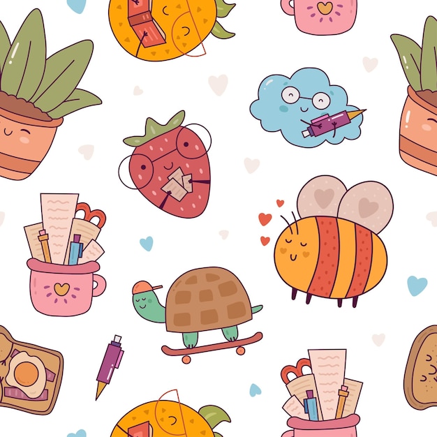 Funny cute school pattern with fruits and animals vector illustration