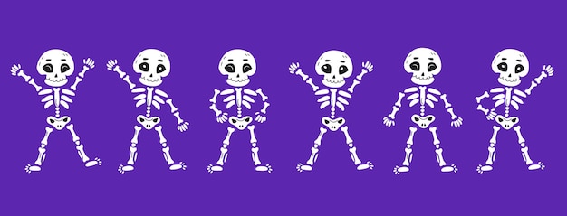 Funny dancing skeletons in cartoon hand-drawn style. Day of Dead, Halloween concept vector illustration.