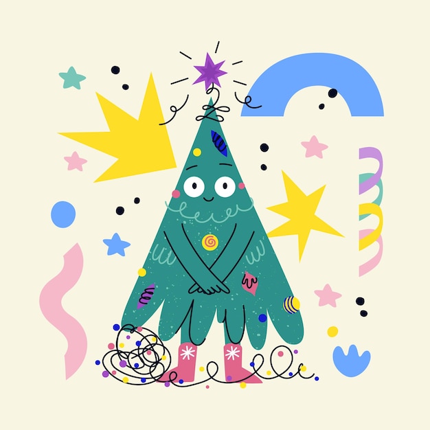 Funny decorated Christmas tree character with face, hands legs. Hand drawn vector fir-tree showing emotions. Christmas and New Year print for greeting cars, T-shirt, posters. Dancing cartoon Xmas tree