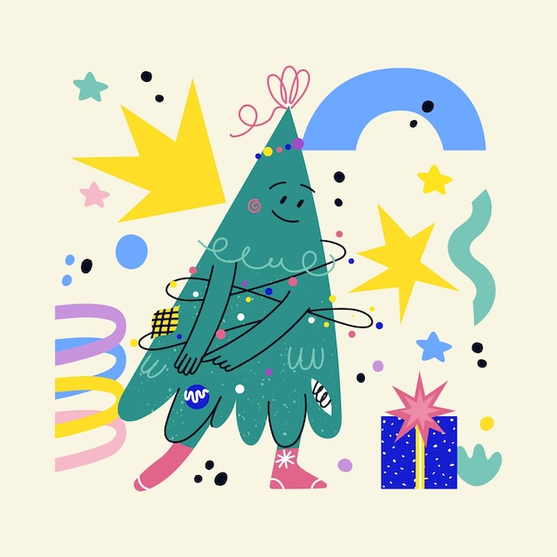 Funny decorated Christmas tree character with face, hands legs. Hand drawn vector fir-tree showing emotions. Christmas and New Year print for greeting cars, T-shirt, posters. Dancing cartoon Xmas tree